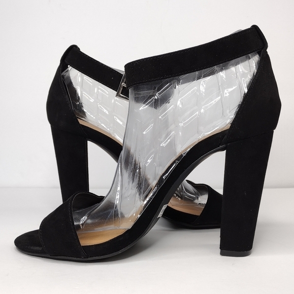 Torrid Women's Black Suede Leather Two Strap Tapered Open Toe Chunky Heel - Picture 6 of 16